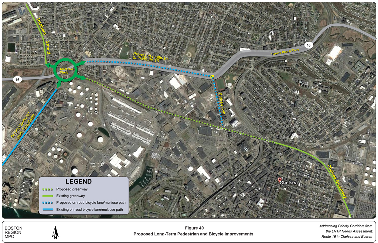Figure 40
Proposed Long-Term Pedestrian and Bicycle Improvements
Figure 40 is an aerial photo of Route 16 and surrounding areas showing proposed long-term pedestrian and bicycle improvements.
